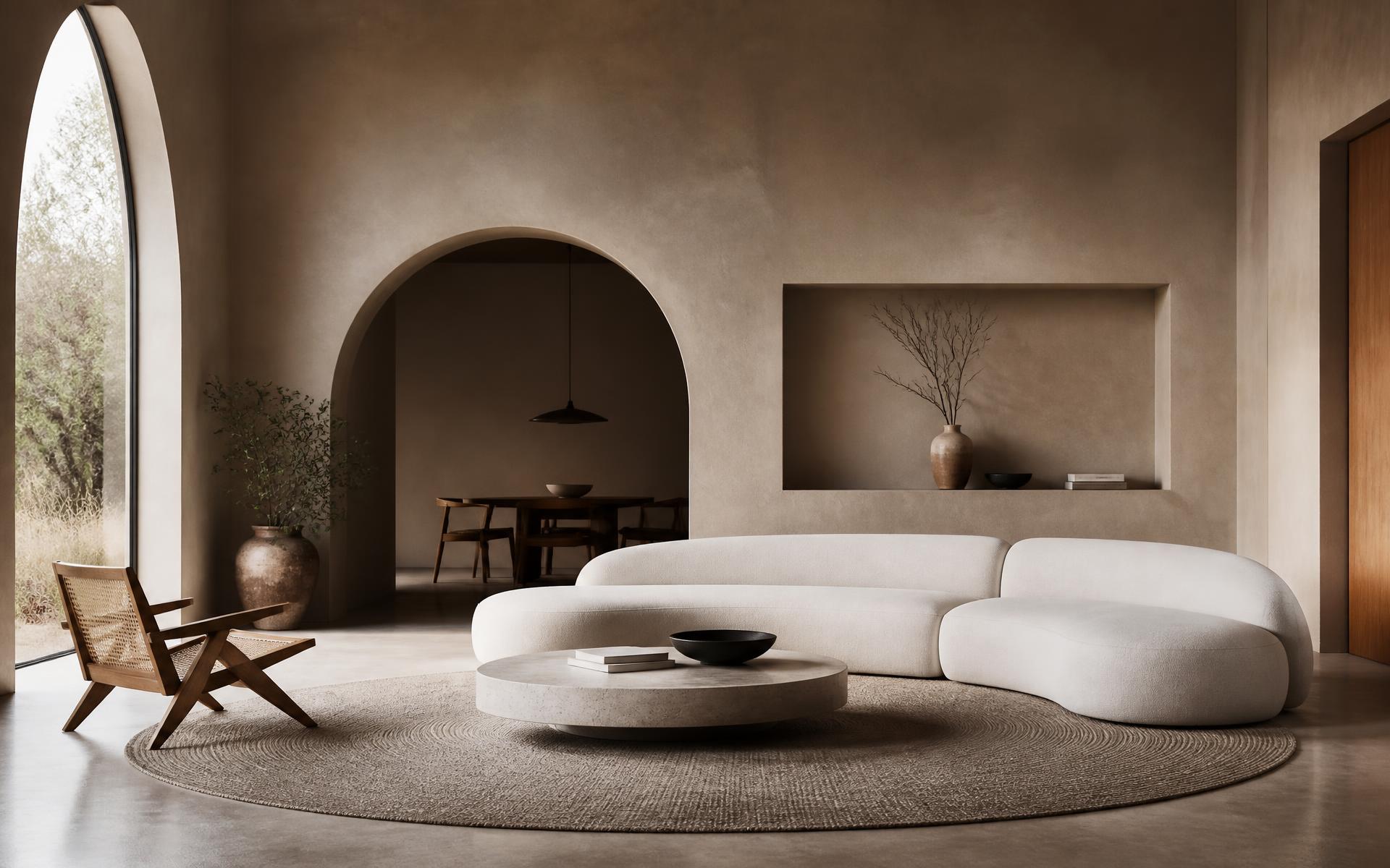 Sala de estar minimalista com paredes de cimento queimado e sofá curvo bege